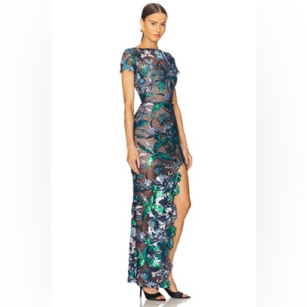 NWOT BRONX AND BANCO ZINNA EMBROIDERED EVENING Blue and Green Floral DRESS - Picture 2 of 13